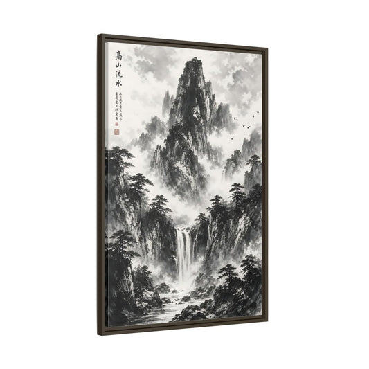 Main Mockup. Nature Mountain Waterfall Monochrome Mountain shown as stretched canvas wall art