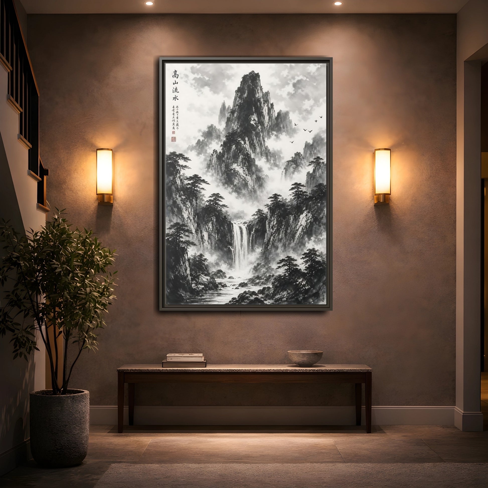 Nature Mountain Waterfall Monochrome Framed Canvas Wall Art shown as canvas wall art