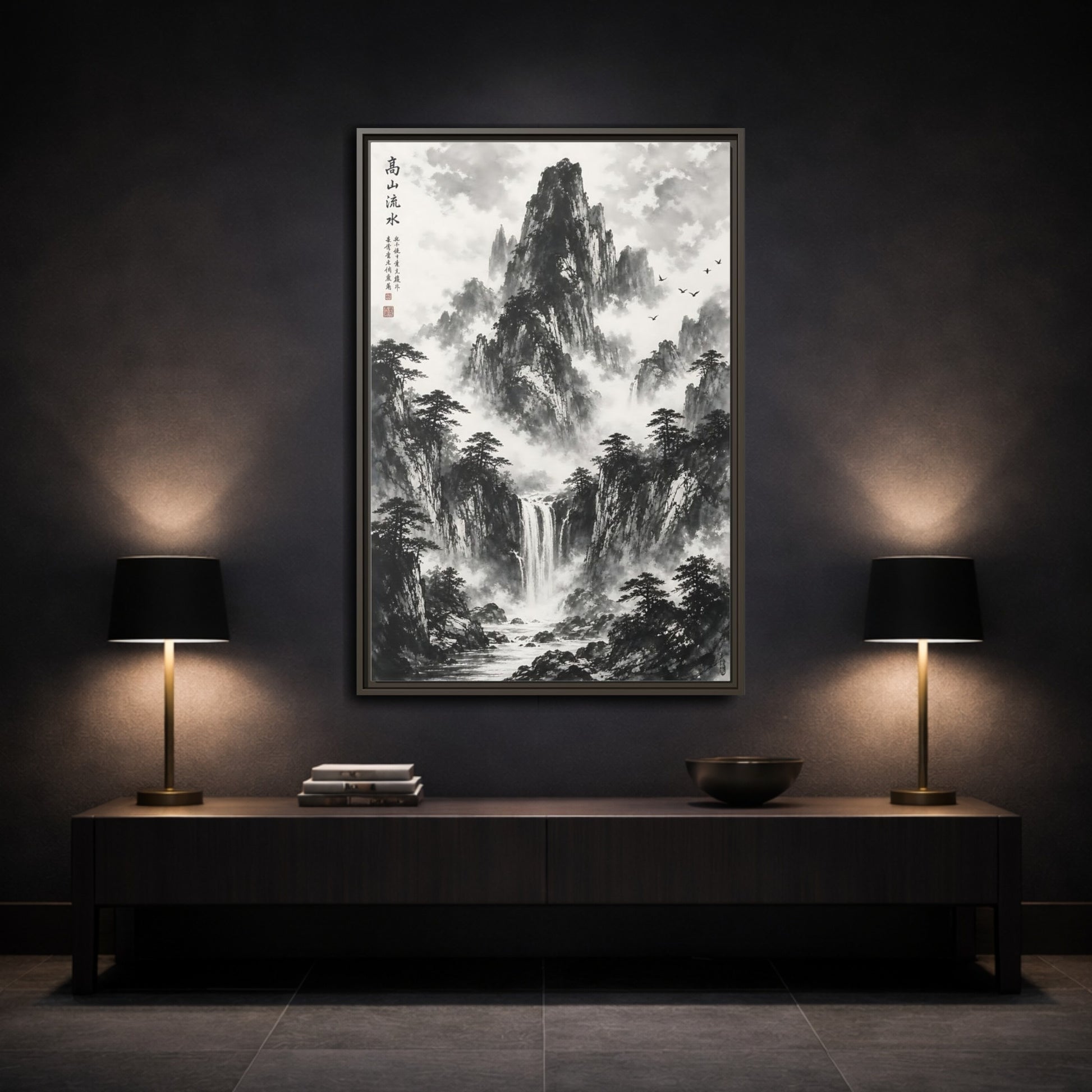 Nature Mountain Waterfall Monochrome Framed Canvas Wall Art shown as canvas wall art