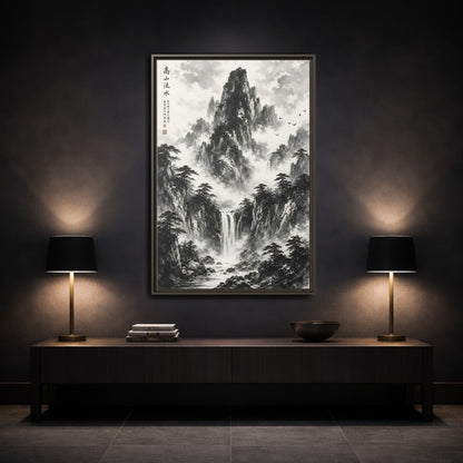 Nature Mountain Waterfall Monochrome Framed Canvas Wall Art shown as canvas wall art