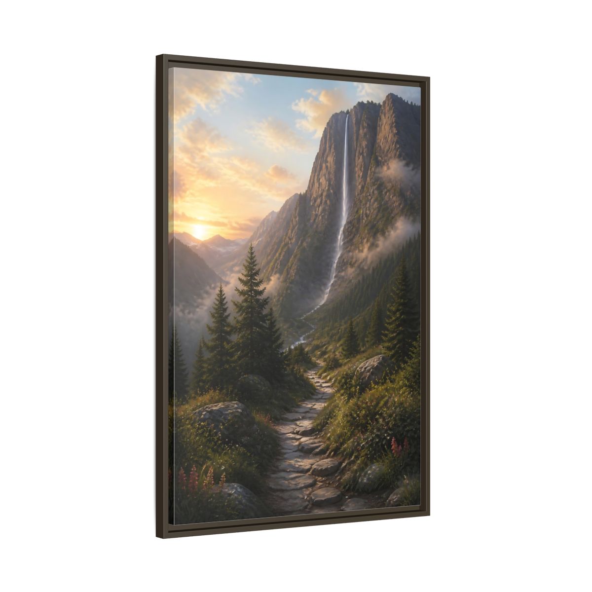Main Mockup. Nature Mountain Waterfall Mountain Waterfall Sunset shown as stretched canvas wall art