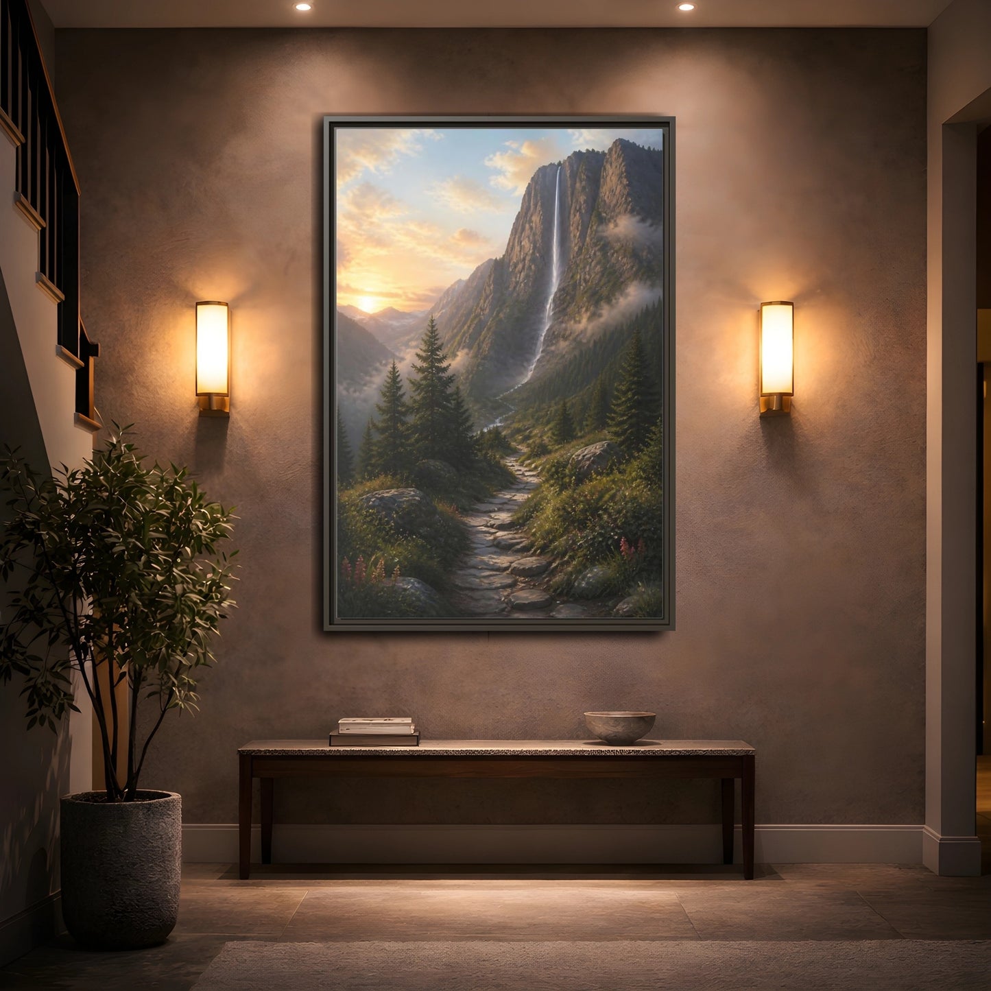Mockup 2. Nature Mountain Waterfall Mountain Waterfall Sunset shown as stretched canvas wall art