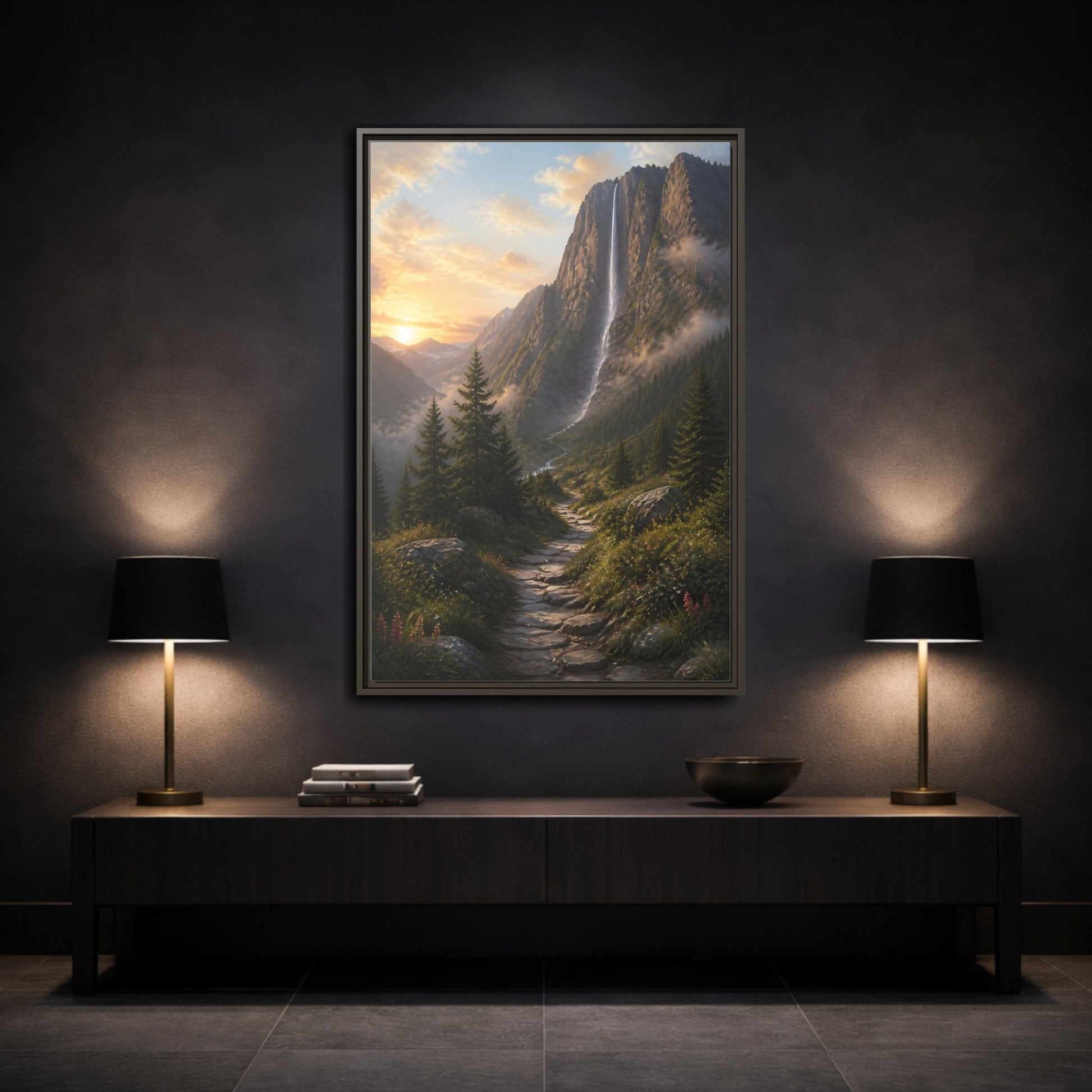 Mockup 3. Nature Mountain Waterfall Mountain Waterfall Sunset shown as stretched canvas wall art