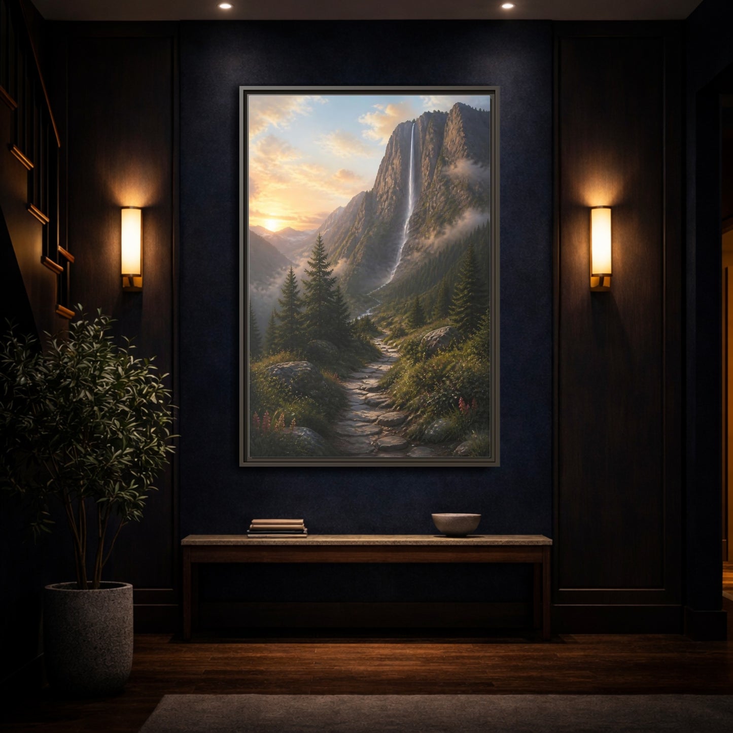 Mockup 4. Nature Mountain Waterfall Mountain Waterfall Sunset shown as stretched canvas wall art