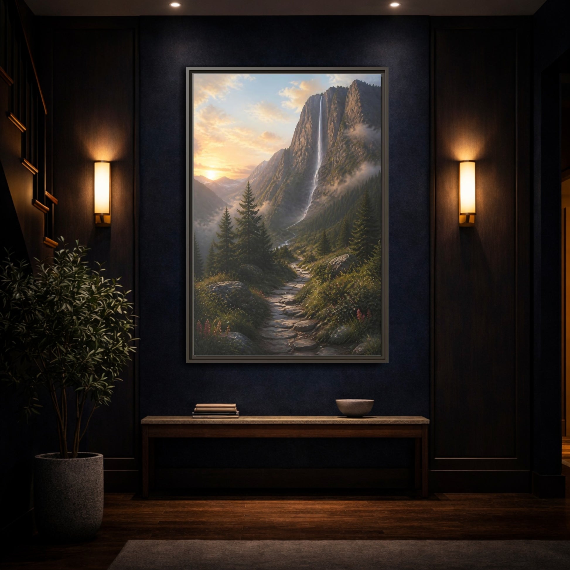 Mockup 4. Nature Mountain Waterfall Mountain Waterfall Sunset shown as stretched canvas wall art