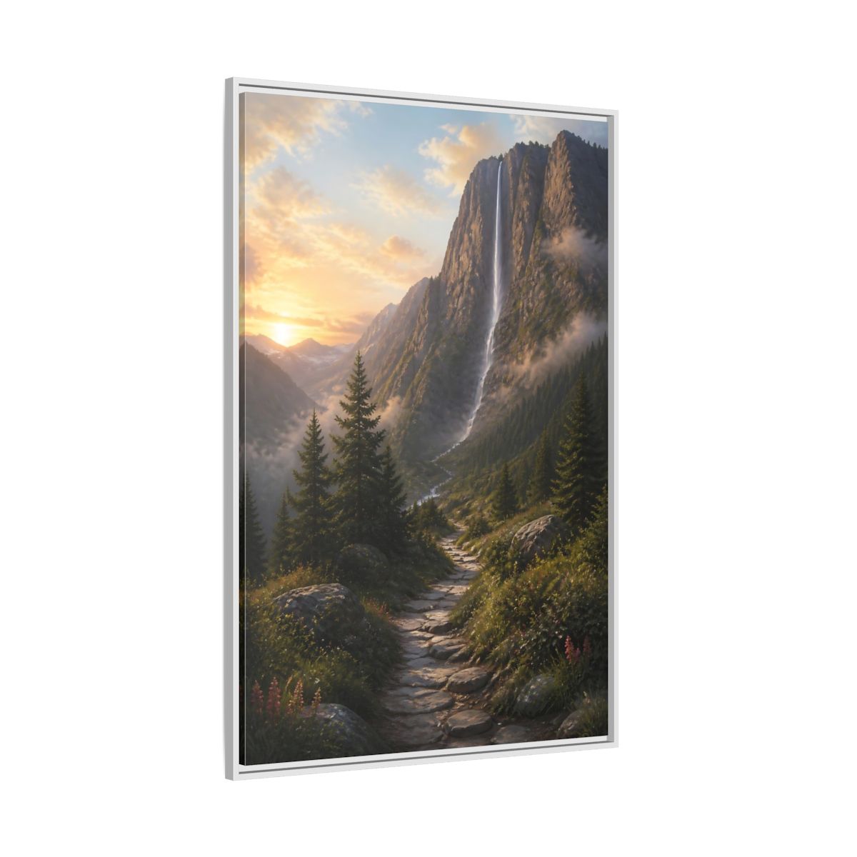 Side Mockup 7. Nature Mountain Waterfall Mountain Waterfall Sunset shown as stretched canvas wall art