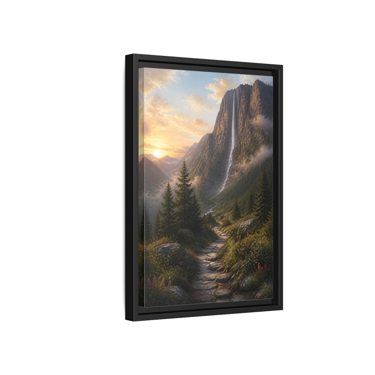 Side Mockup 6. Nature Mountain Waterfall Mountain Waterfall Sunset shown as stretched canvas wall art