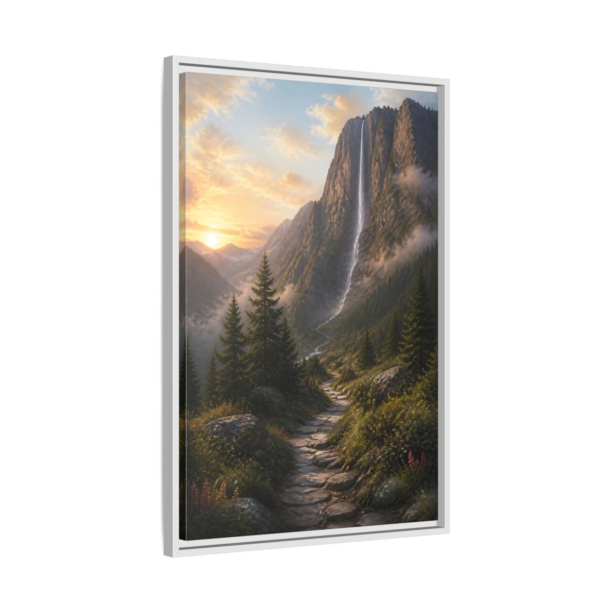 Side Mockup 10. Nature Mountain Waterfall Mountain Waterfall Sunset shown as stretched canvas wall art