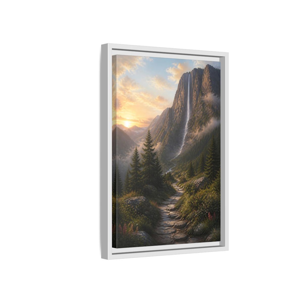 Side Mockup 4. Nature Mountain Waterfall Mountain Waterfall Sunset shown as stretched canvas wall art