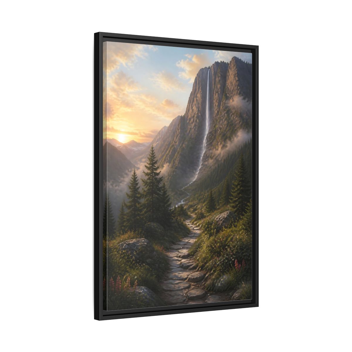 Side Mockup 14. Nature Mountain Waterfall Mountain Waterfall Sunset shown as stretched canvas wall art