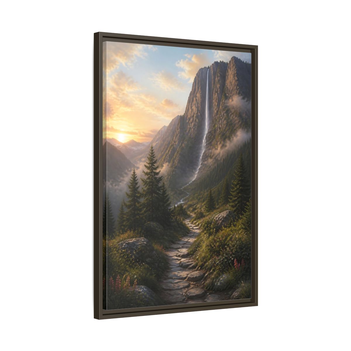 Side Mockup 11. Nature Mountain Waterfall Mountain Waterfall Sunset shown as stretched canvas wall art