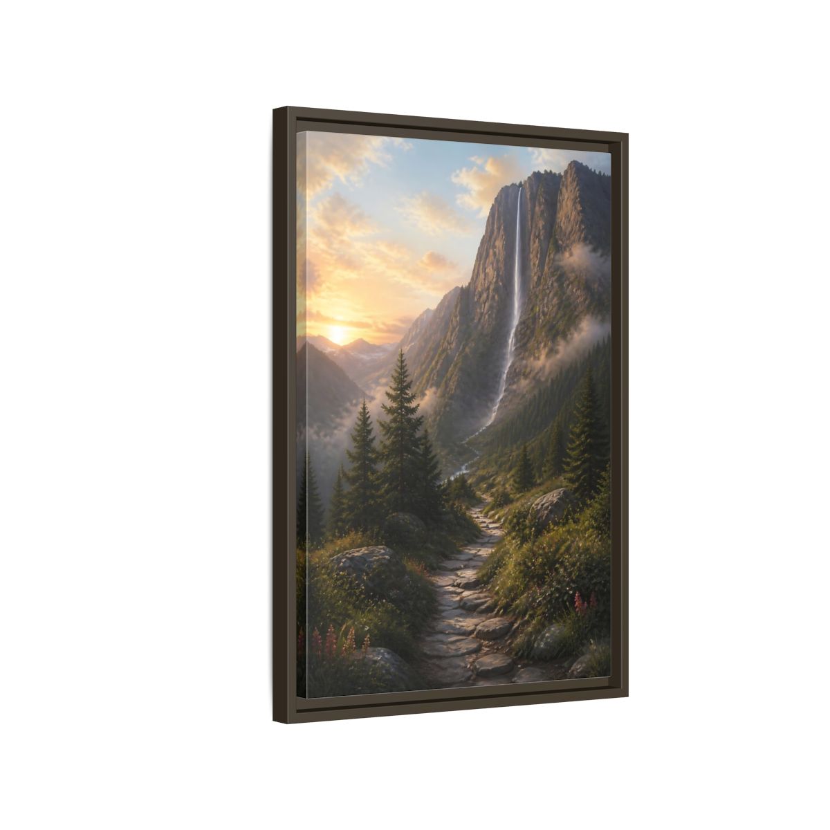 Side Mockup 2. Nature Mountain Waterfall Mountain Waterfall Sunset shown as stretched canvas wall art