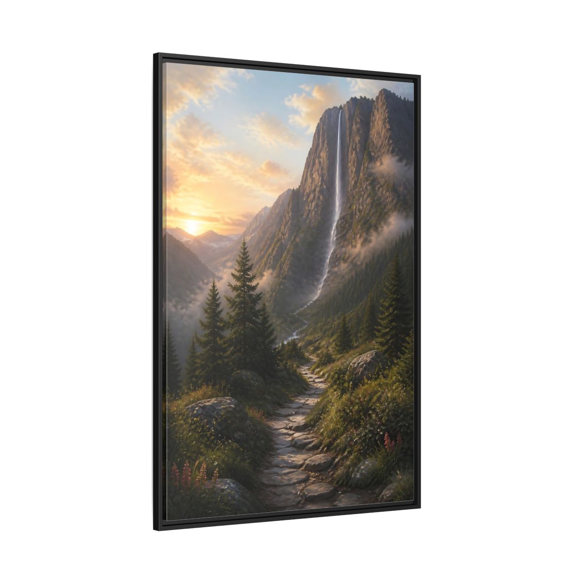 Side Mockup 12. Nature Mountain Waterfall Mountain Waterfall Sunset shown as stretched canvas wall art