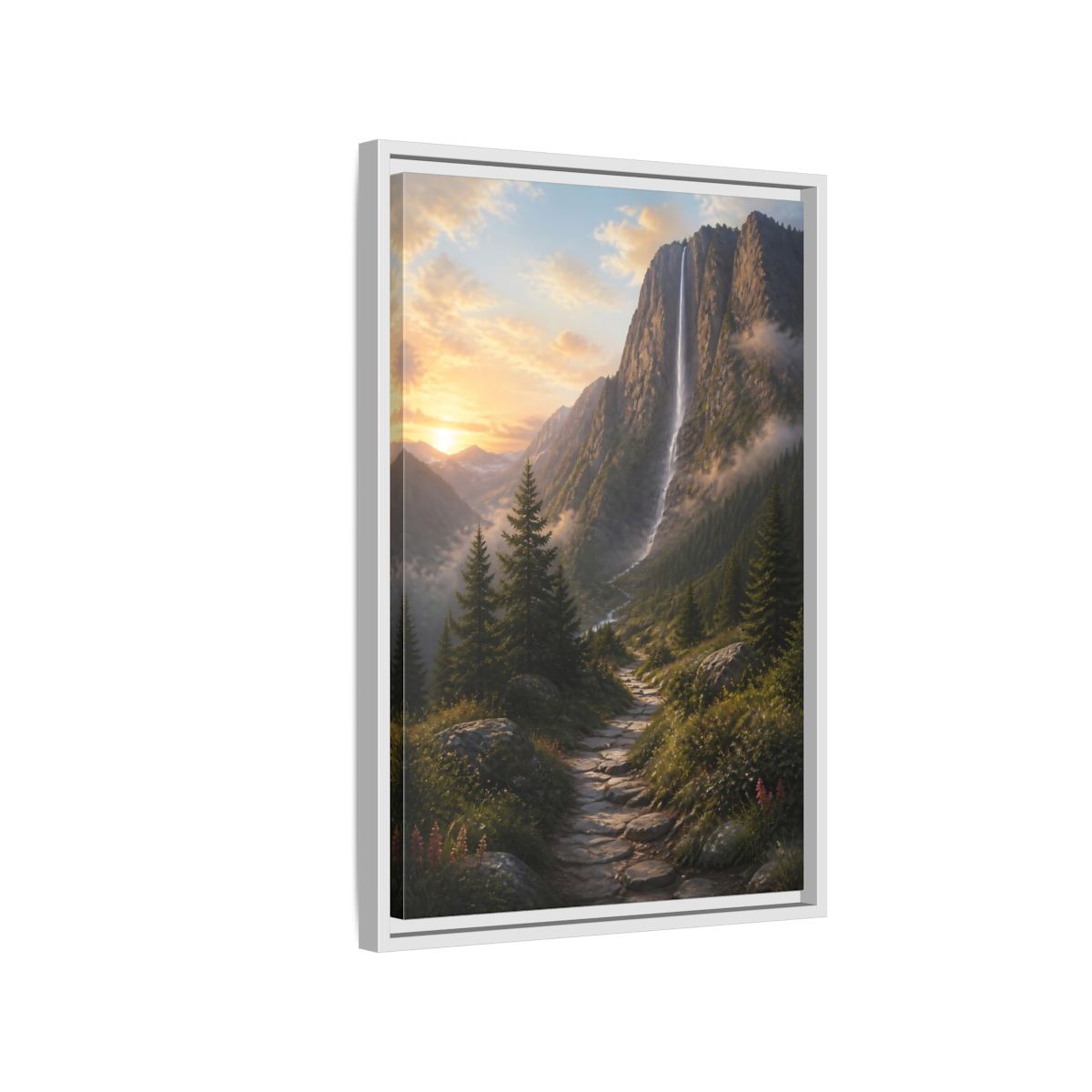 Side Mockup 1. Nature Mountain Waterfall Mountain Waterfall Sunset shown as stretched canvas wall art