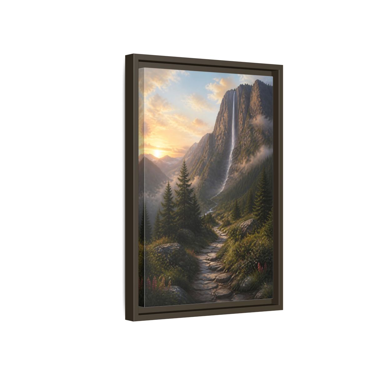 Side Mockup 5. Nature Mountain Waterfall Mountain Waterfall Sunset shown as stretched canvas wall art