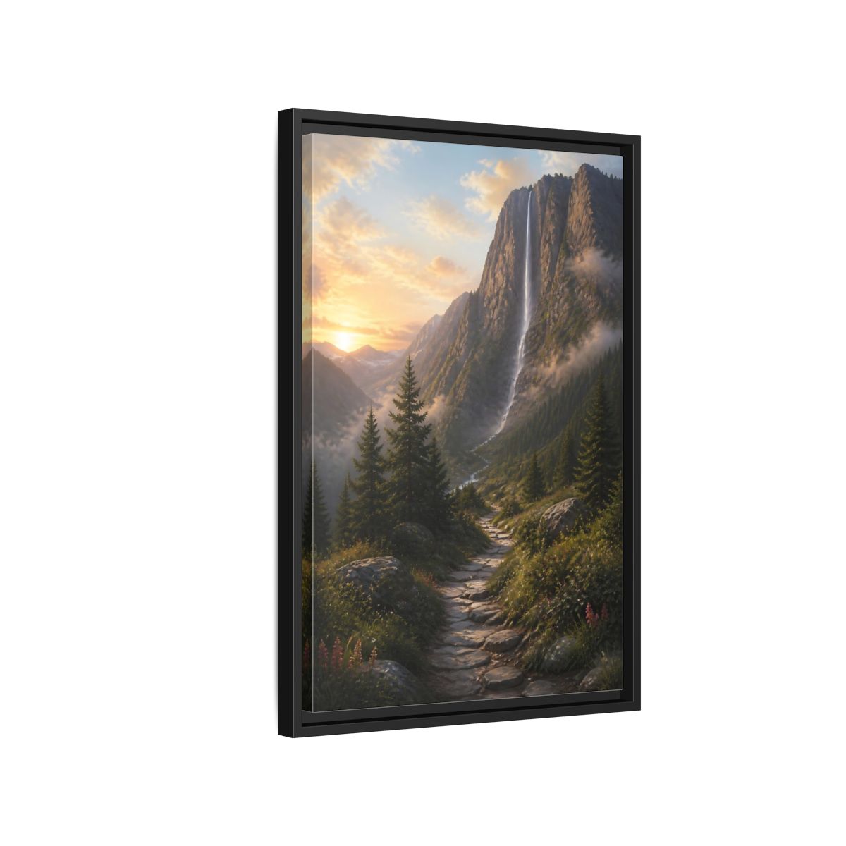 Side Mockup 3. Nature Mountain Waterfall Mountain Waterfall Sunset shown as stretched canvas wall art