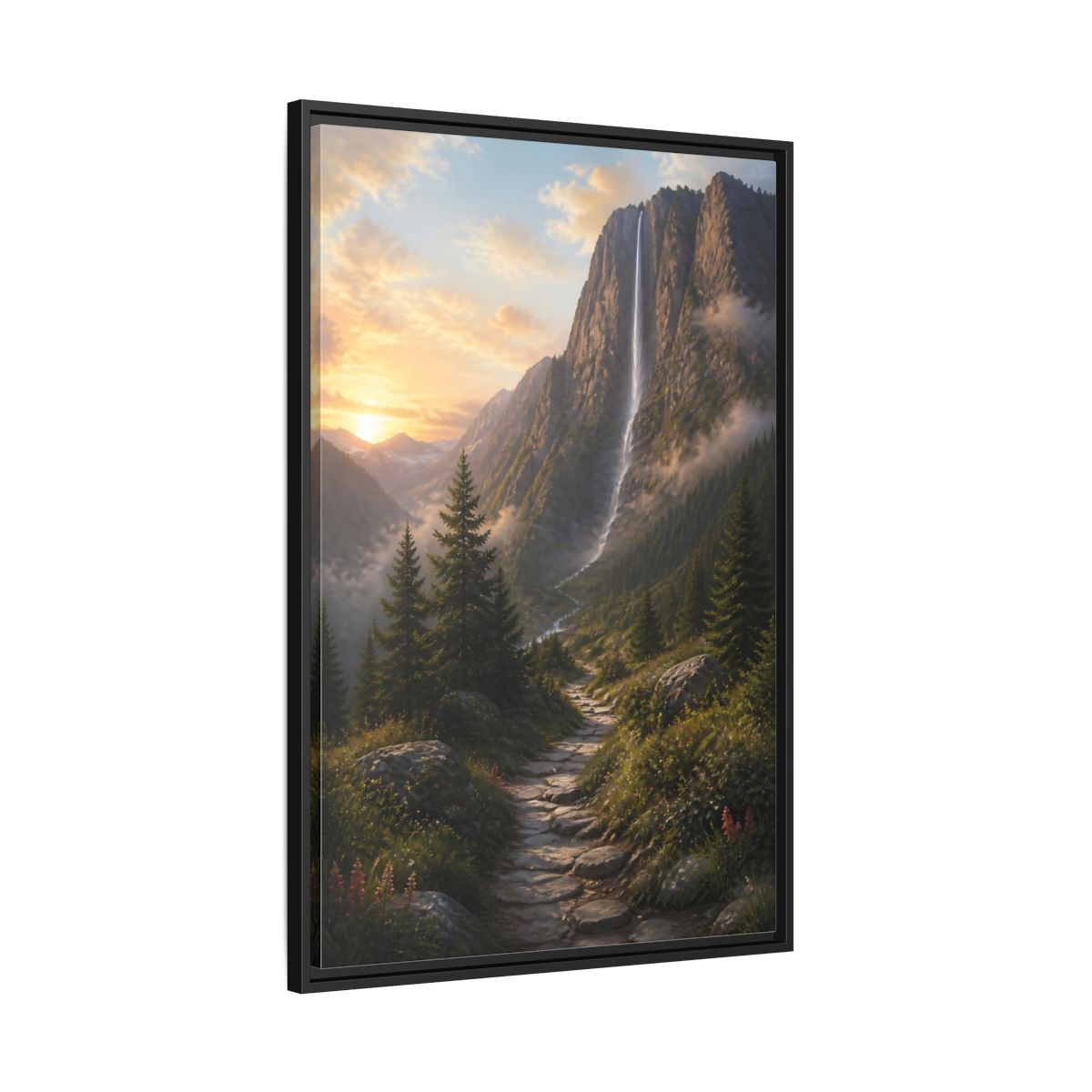 Side Mockup 13. Nature Mountain Waterfall Mountain Waterfall Sunset shown as stretched canvas wall art