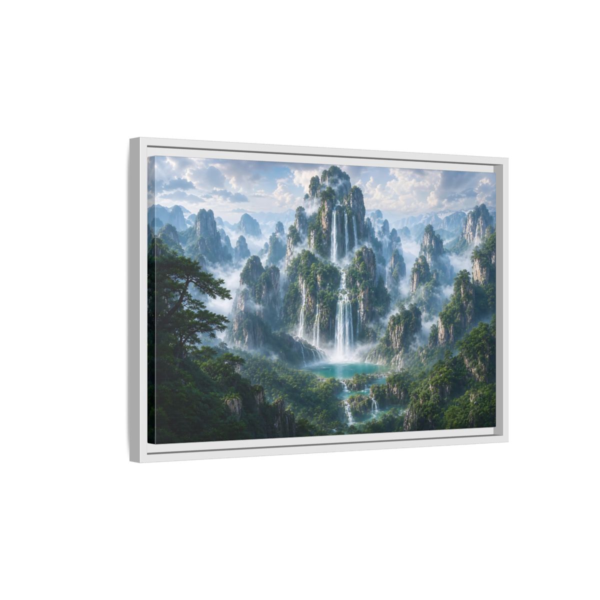 Side Mockup 1. Nature Mountain Waterfalls Green Mountain Waterfall shown as stretched canvas wall art