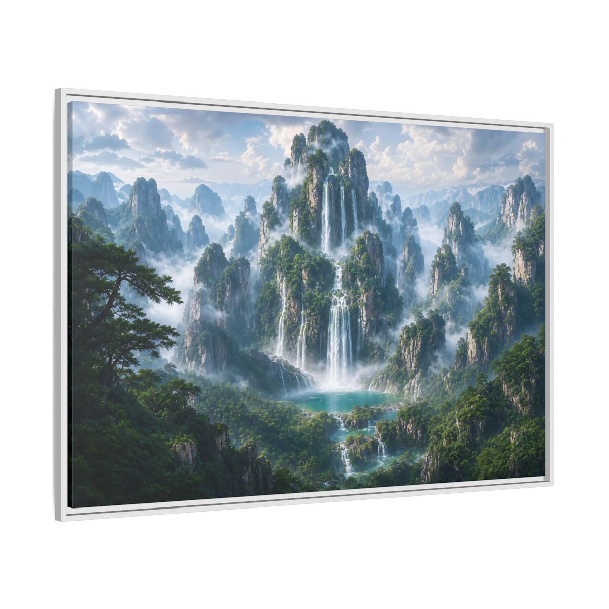 Side Mockup 7. Nature Mountain Waterfalls Green Mountain Waterfall shown as stretched canvas wall art