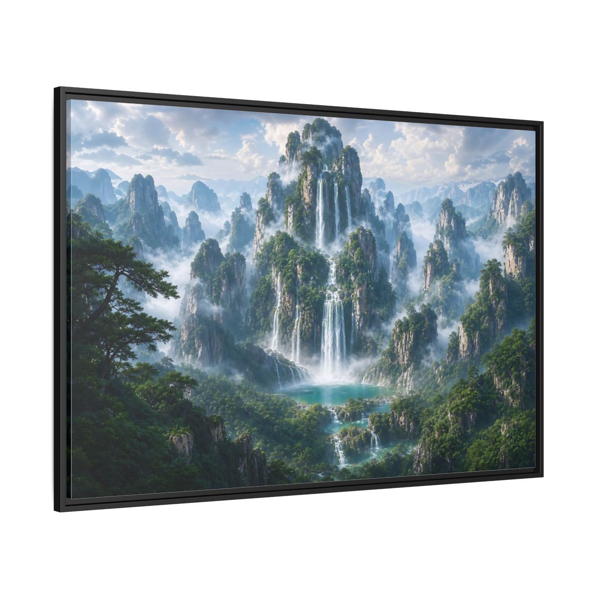 Side Mockup 12. Nature Mountain Waterfalls Green Mountain Waterfall shown as stretched canvas wall art