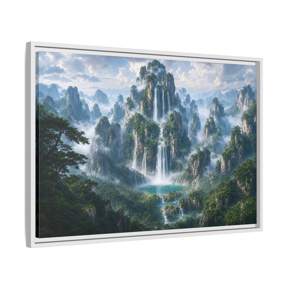 Side Mockup 10. Nature Mountain Waterfalls Green Mountain Waterfall shown as stretched canvas wall art