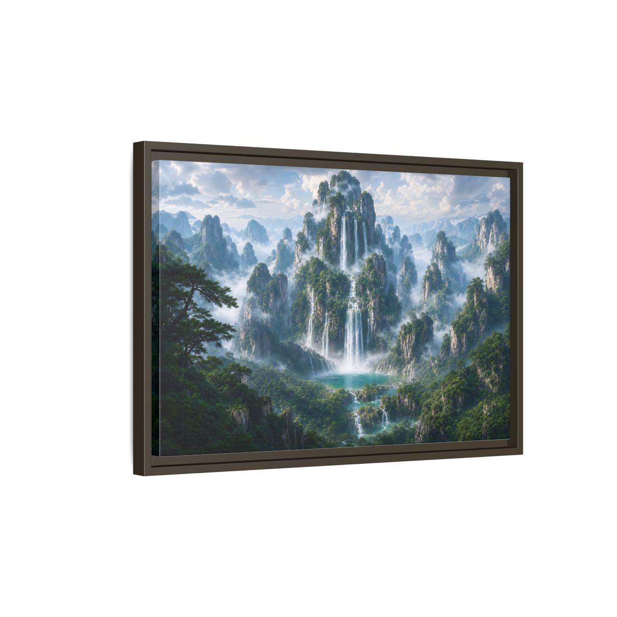 Side Mockup 2. Nature Mountain Waterfalls Green Mountain Waterfall shown as stretched canvas wall art
