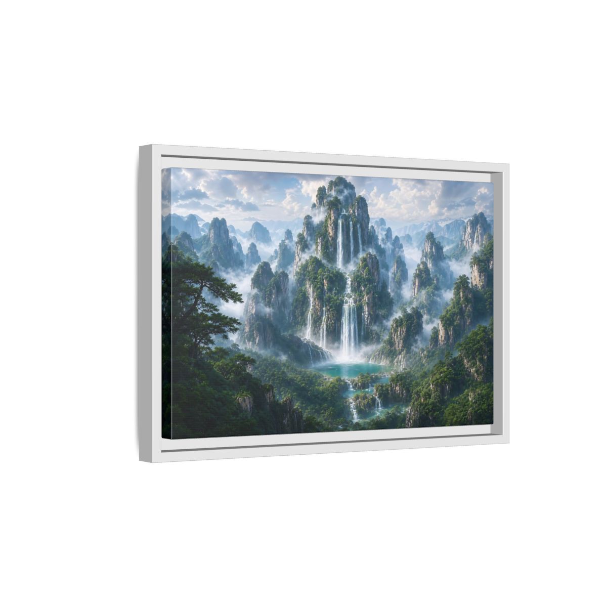 Side Mockup 4. Nature Mountain Waterfalls Green Mountain Waterfall shown as stretched canvas wall art