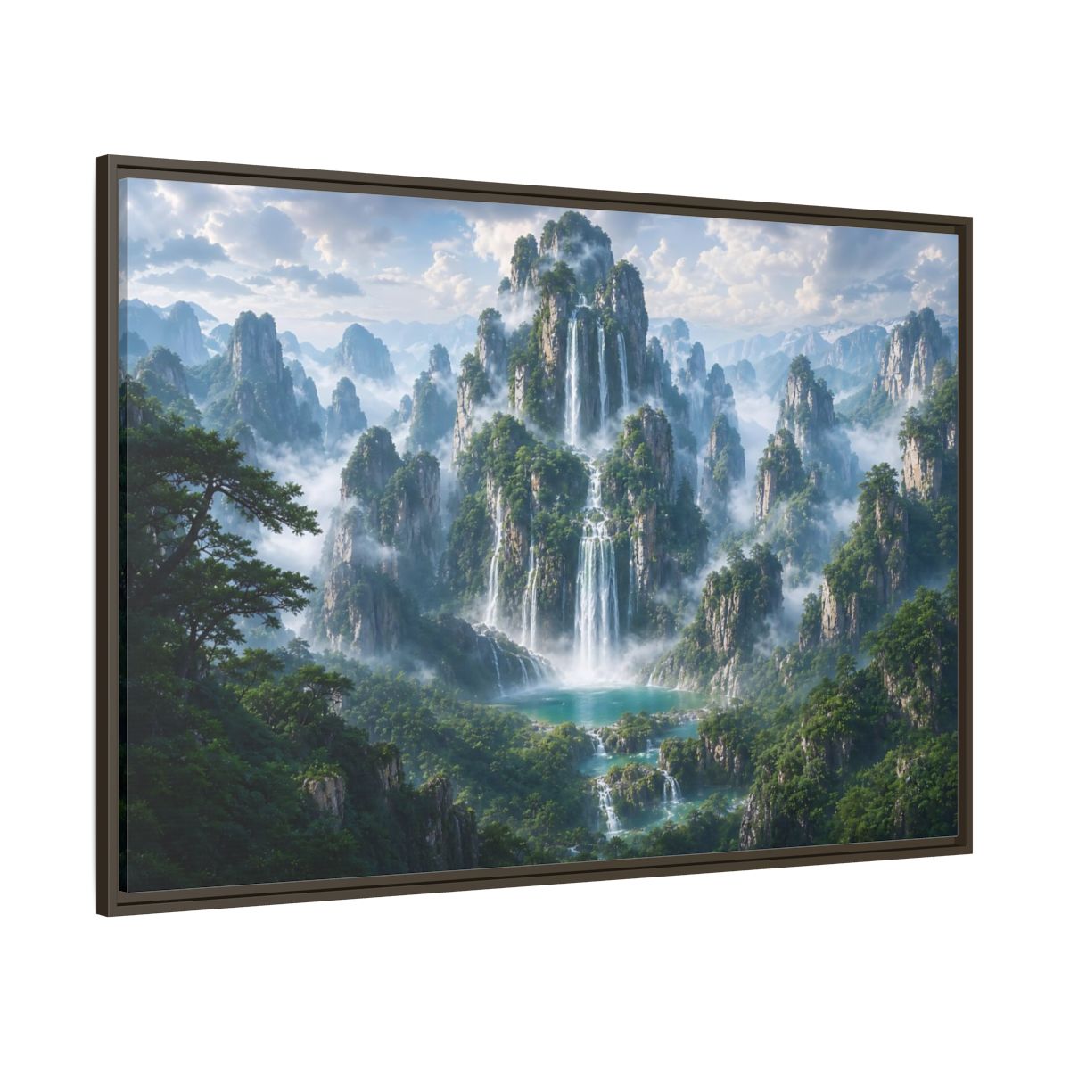 Side Mockup 8. Nature Mountain Waterfalls Green Mountain Waterfall shown as stretched canvas wall art