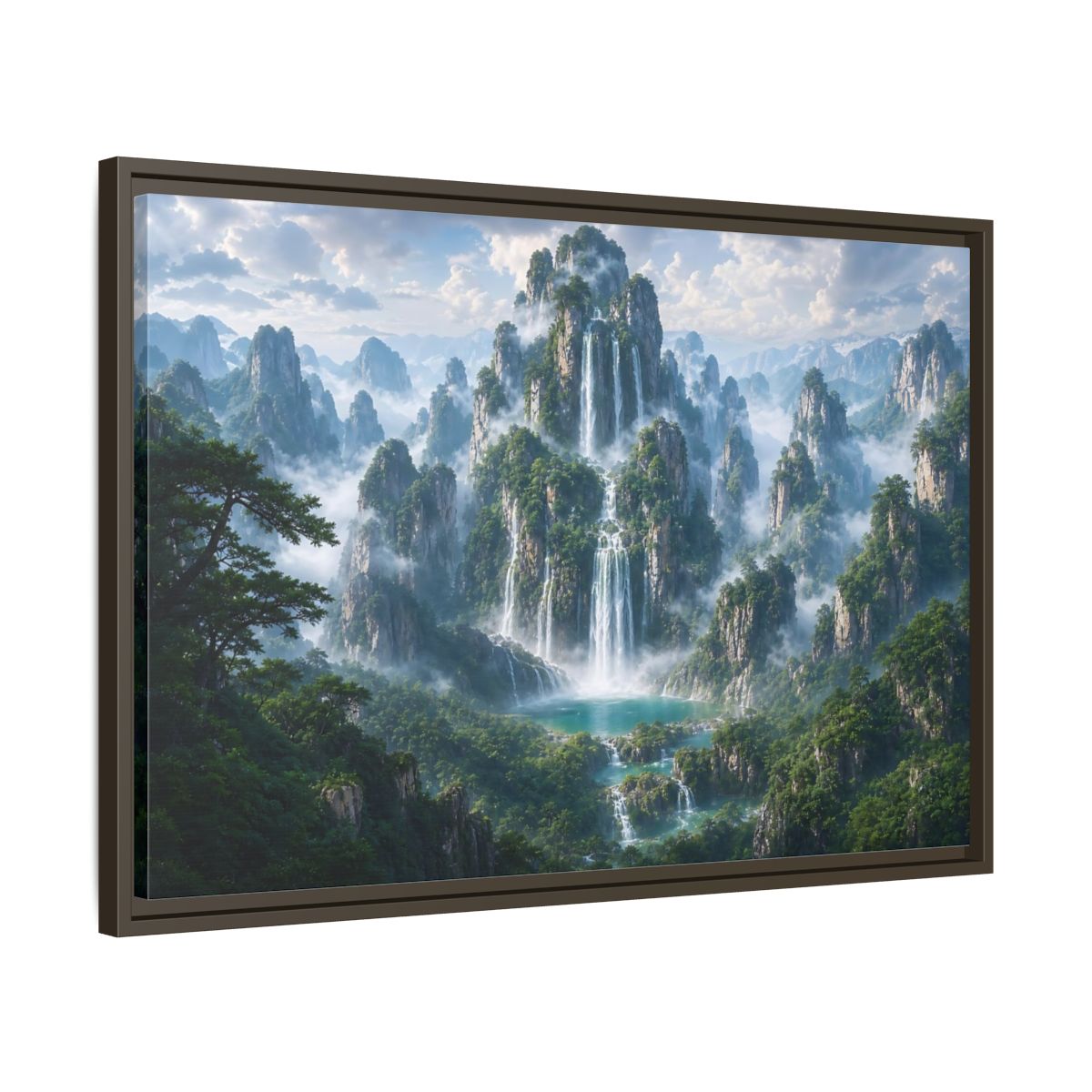 Side Mockup 11. Nature Mountain Waterfalls Green Mountain Waterfall shown as stretched canvas wall art