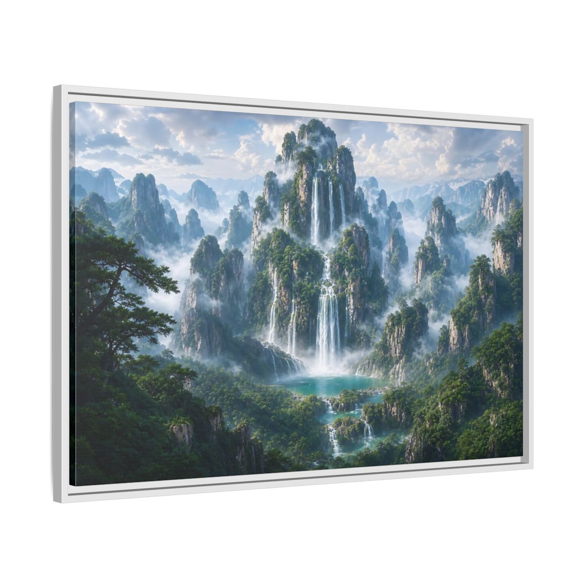 Side Mockup 9. Nature Mountain Waterfalls Green Mountain Waterfall shown as stretched canvas wall art