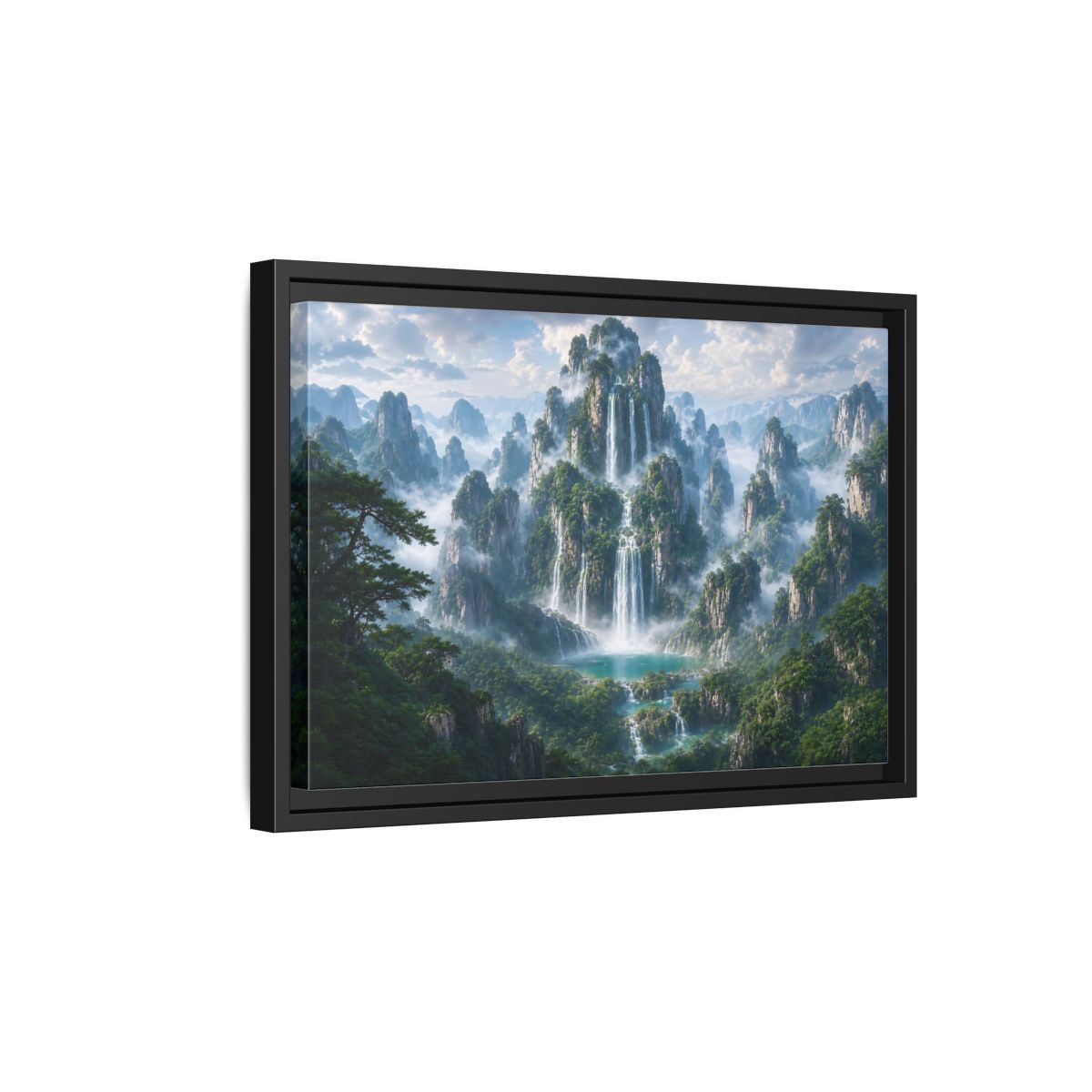 Side Mockup 6. Nature Mountain Waterfalls Green Mountain Waterfall shown as stretched canvas wall art