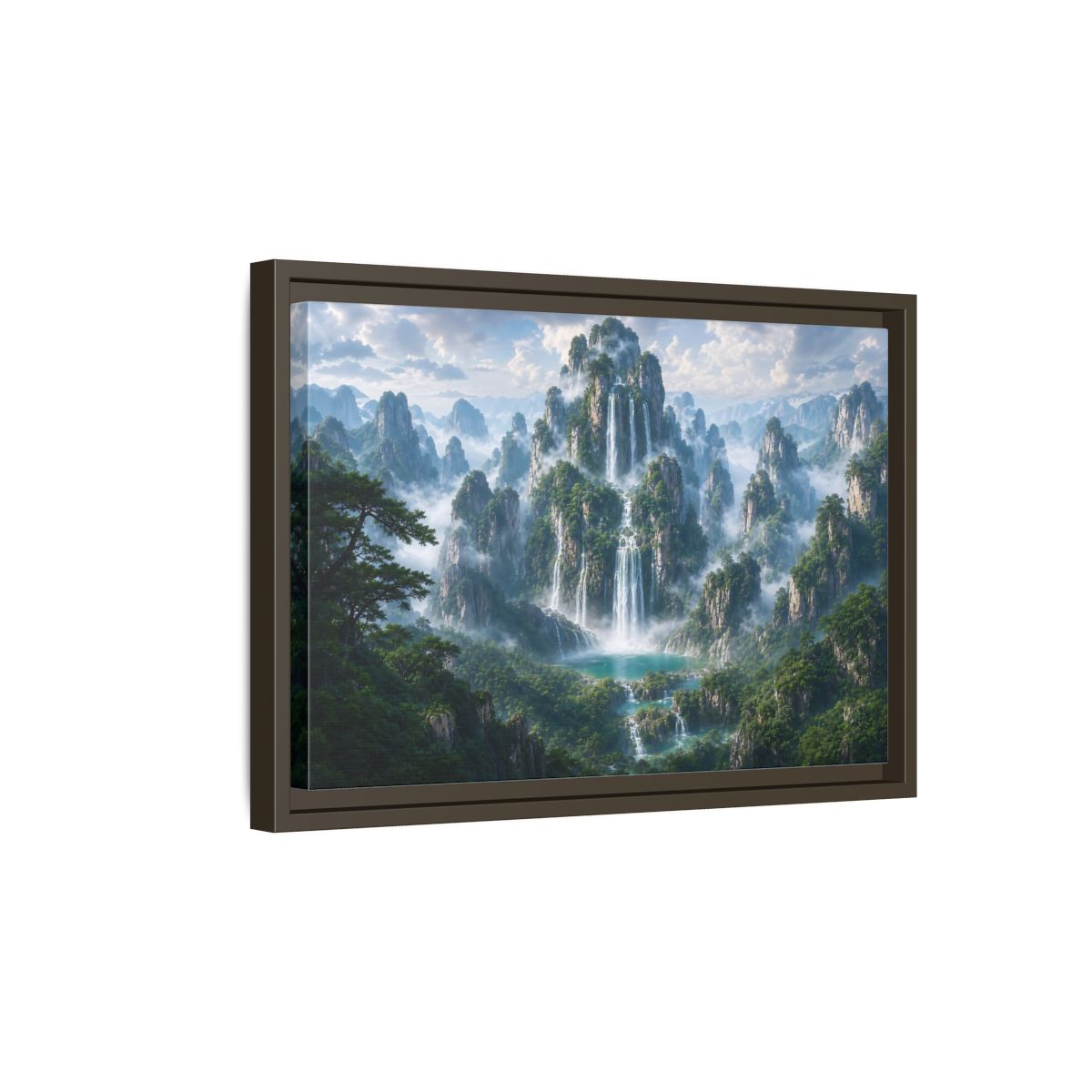 Side Mockup 5. Nature Mountain Waterfalls Green Mountain Waterfall shown as stretched canvas wall art