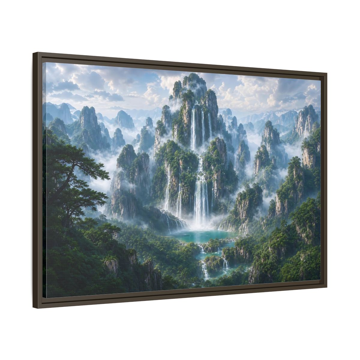 Main Mockup. Nature Mountain Waterfalls Green Mountain Waterfall shown as stretched canvas wall art