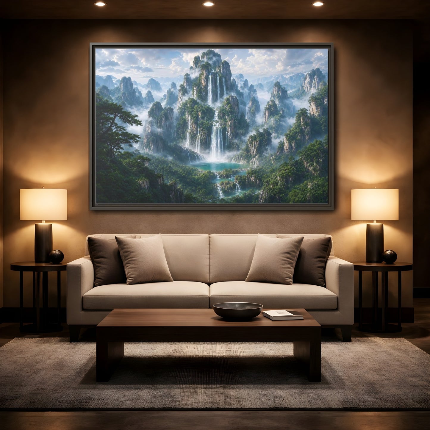Mockup 2. Nature Mountain Waterfalls Green Mountain Waterfall shown as stretched canvas wall art