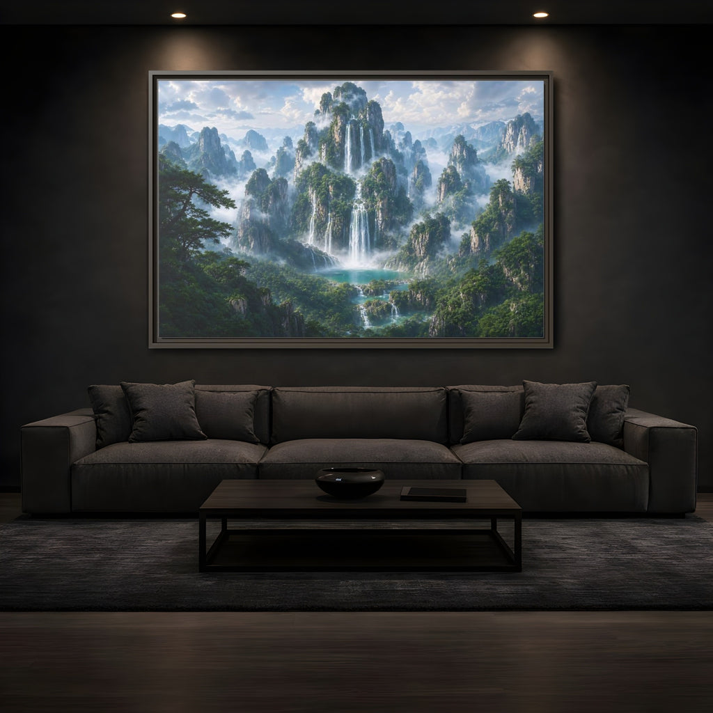 Mockup 3. Nature Mountain Waterfalls Green Mountain Waterfall shown as stretched canvas wall art
