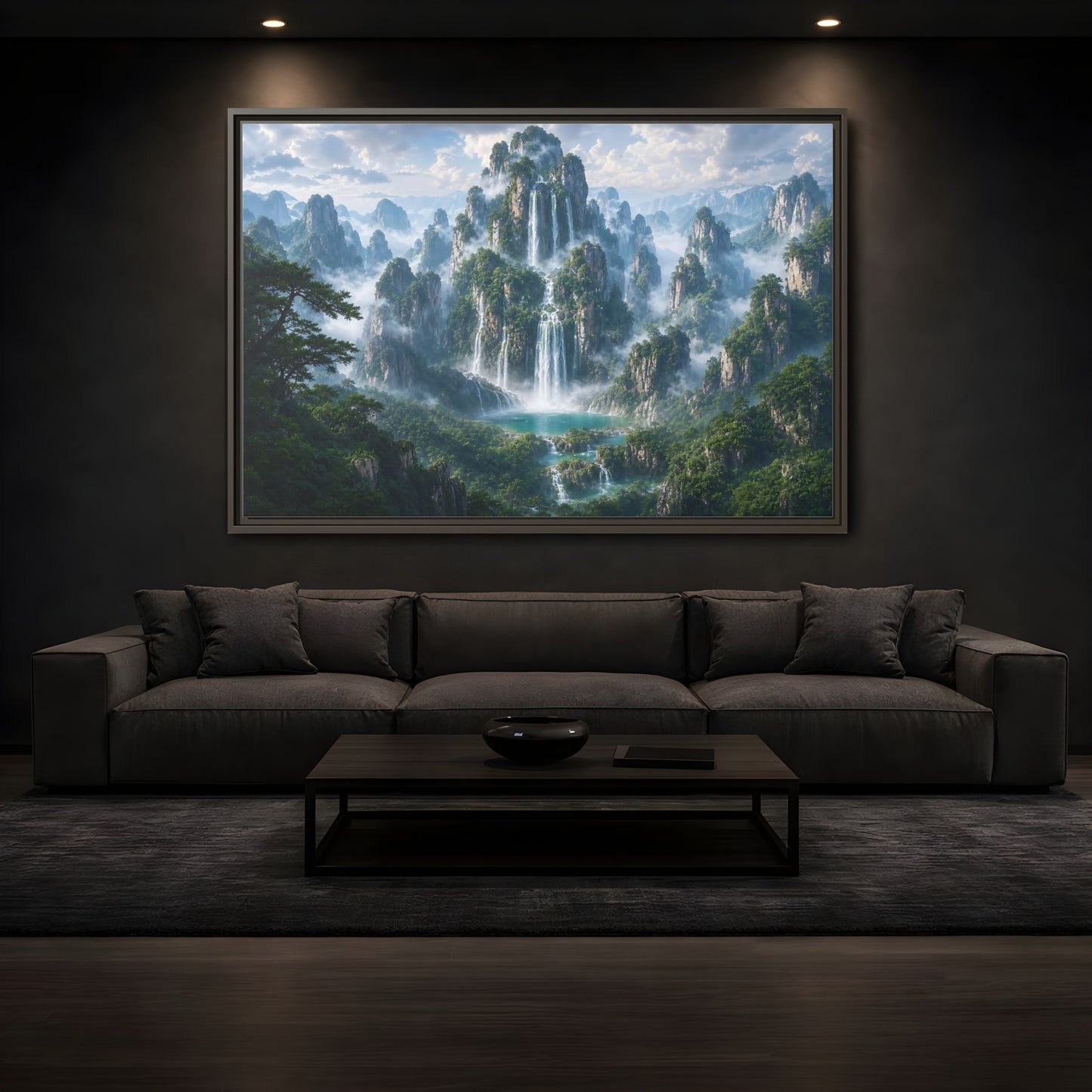 Mockup 3. Nature Mountain Waterfalls Green Mountain Waterfall shown as stretched canvas wall art