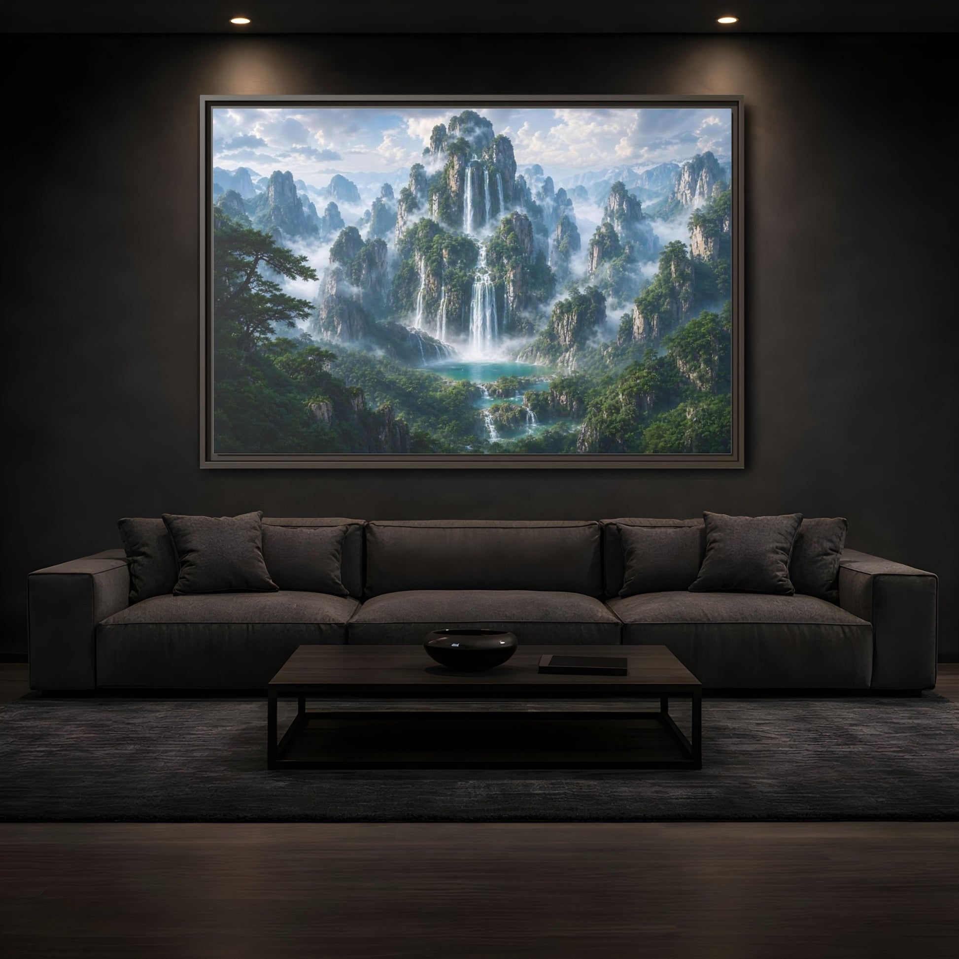Mockup 3. Nature Mountain Waterfalls Green Mountain Waterfall shown as stretched canvas wall art