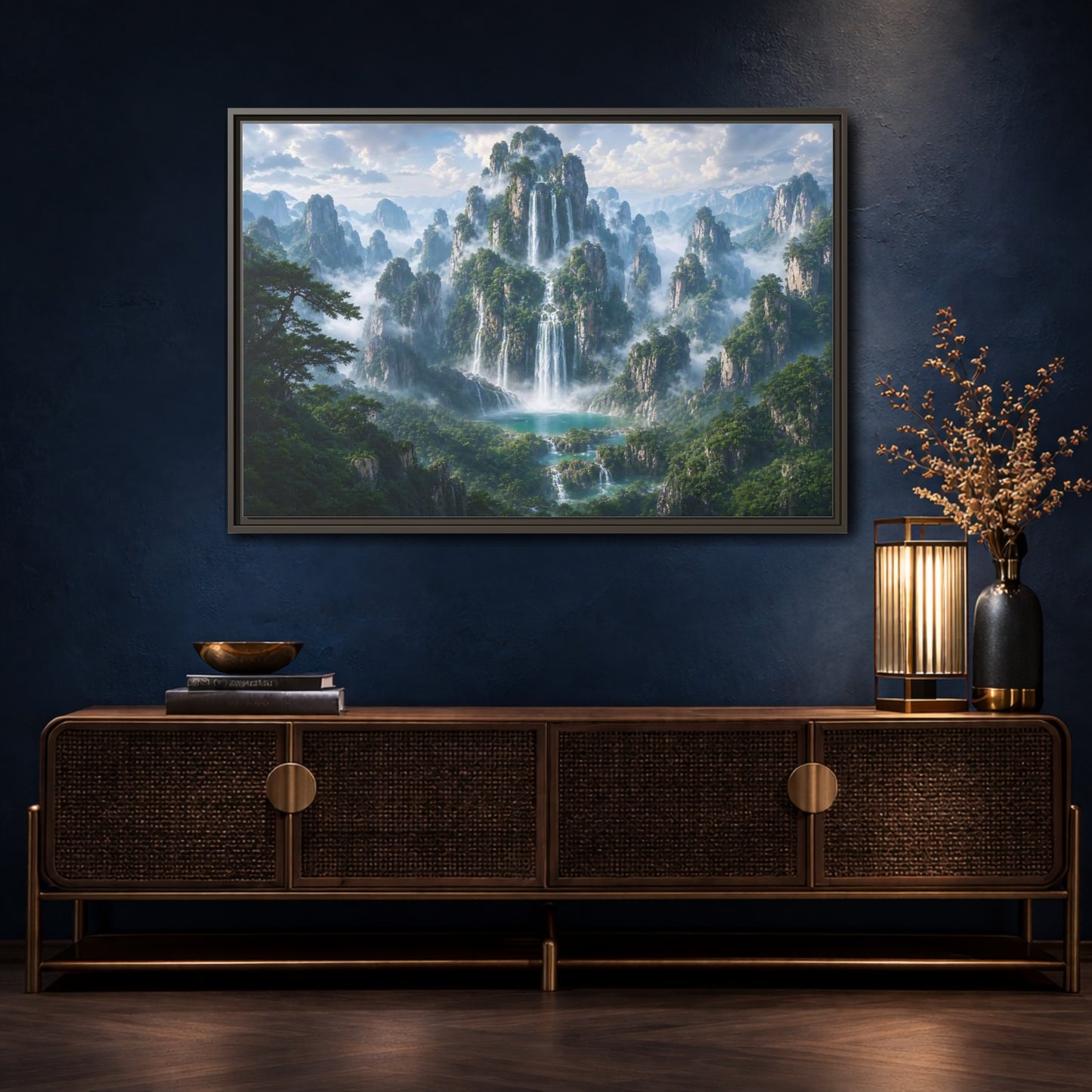 Mockup 4. Nature Mountain Waterfalls Green Mountain Waterfall shown as stretched canvas wall art