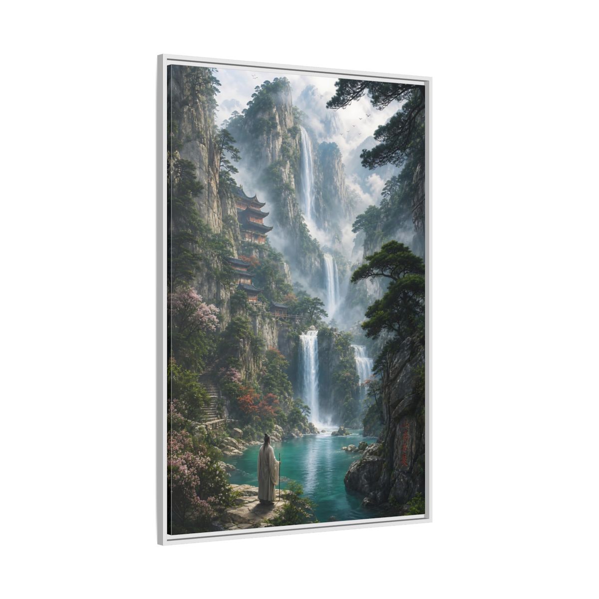 Side Mockup 7. Nature Mountain Waterfalls Misty Teal Mountains shown as stretched canvas wall art