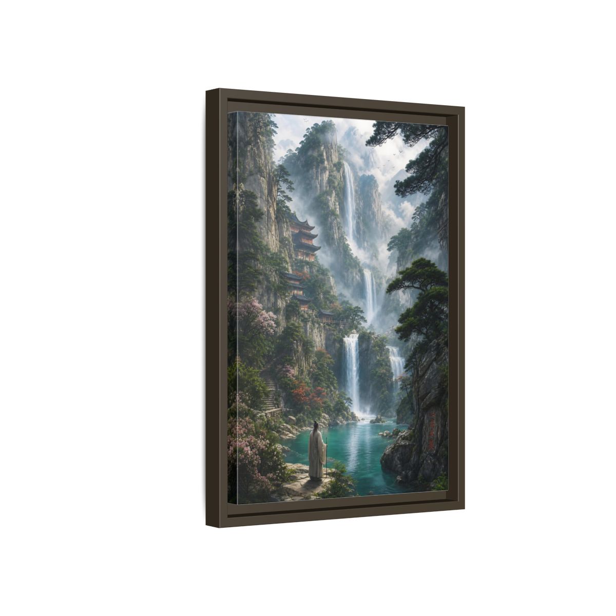 Side Mockup 5. Nature Mountain Waterfalls Misty Teal Mountains shown as stretched canvas wall art