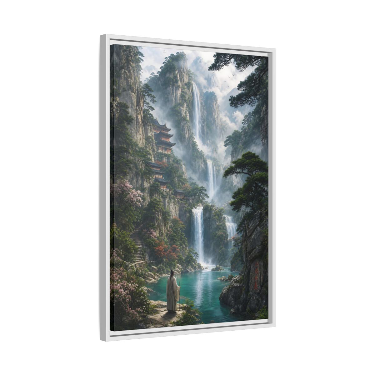 Side Mockup 10. Nature Mountain Waterfalls Misty Teal Mountains shown as stretched canvas wall art