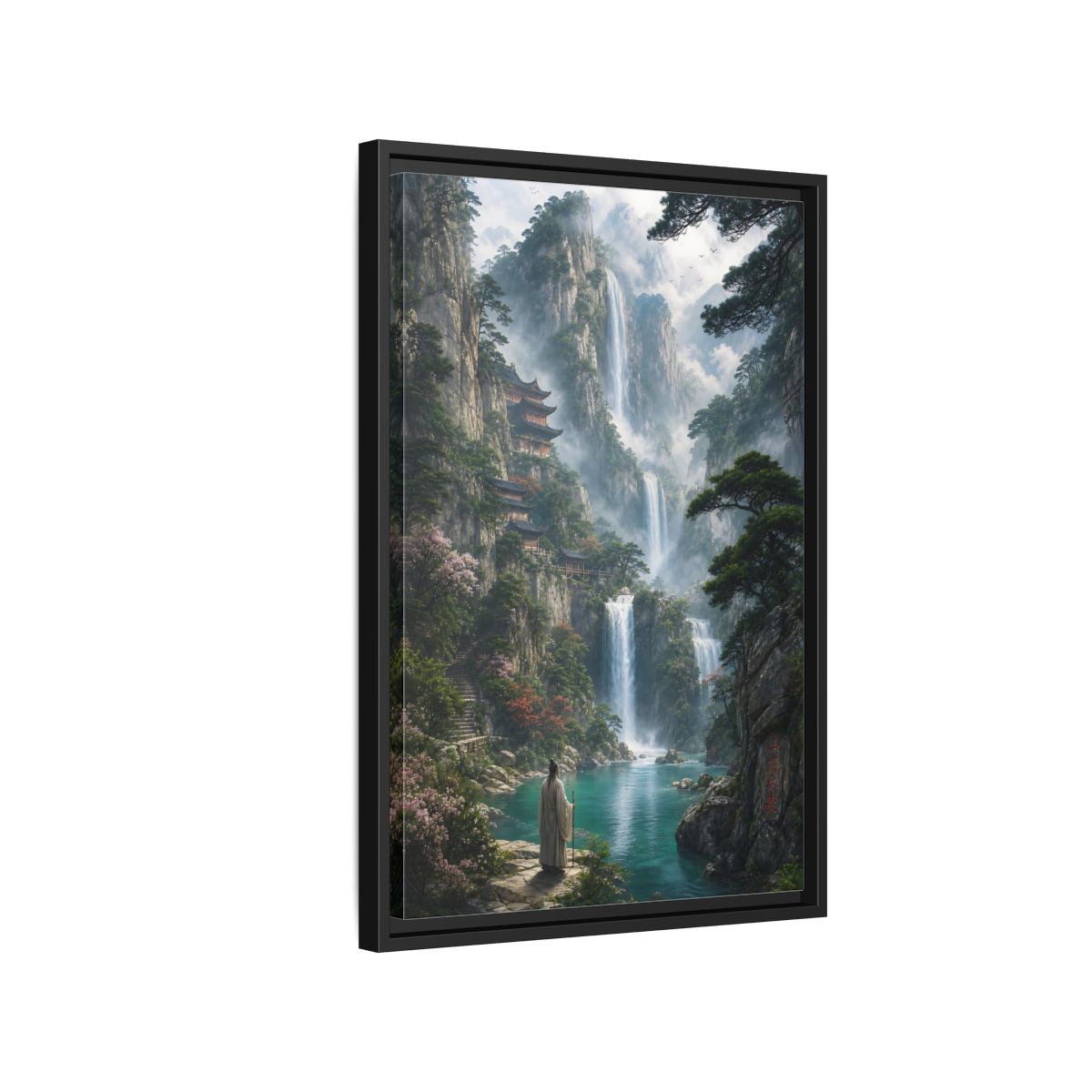 Side Mockup 3. Nature Mountain Waterfalls Misty Teal Mountains shown as stretched canvas wall art