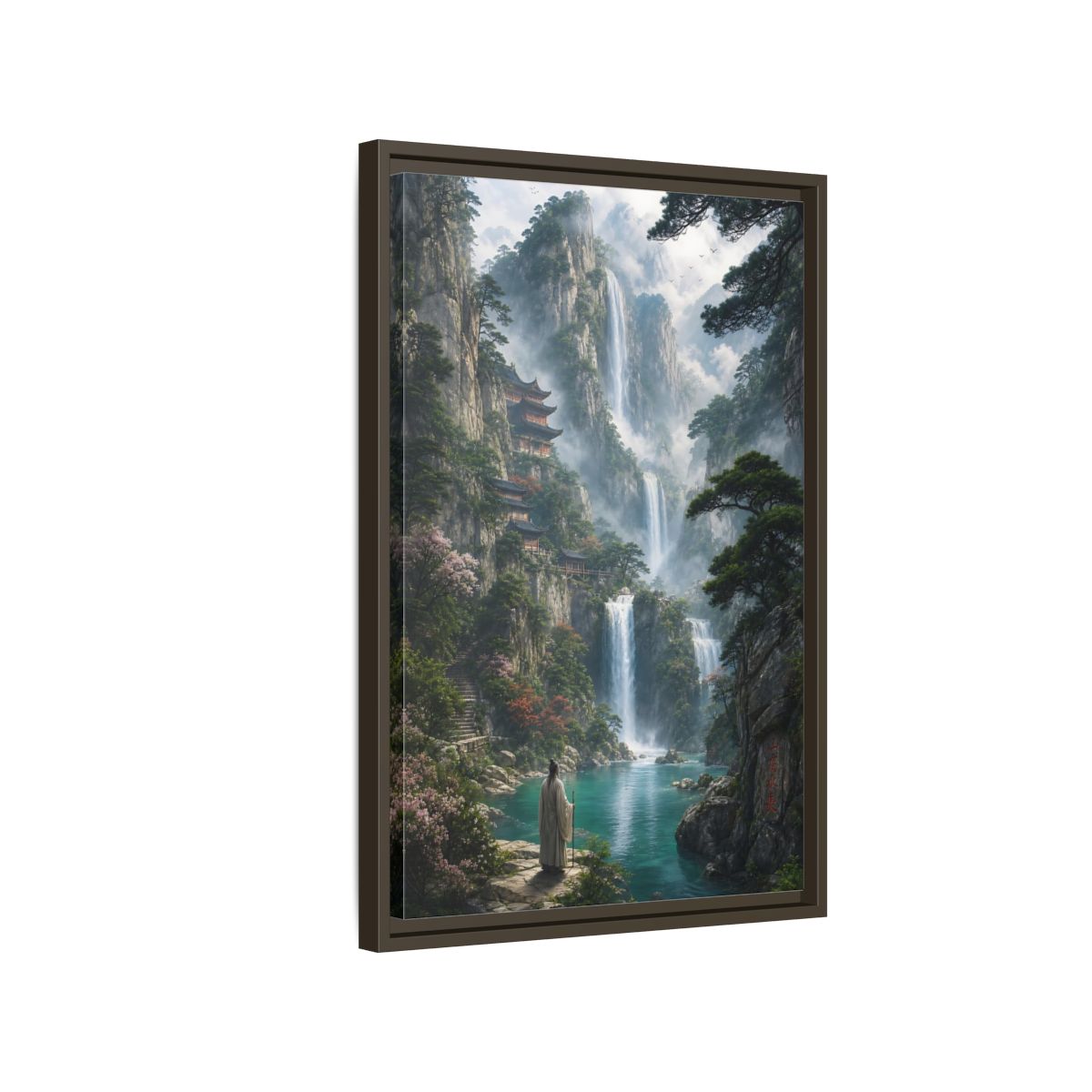 Side Mockup 2. Nature Mountain Waterfalls Misty Teal Mountains shown as stretched canvas wall art