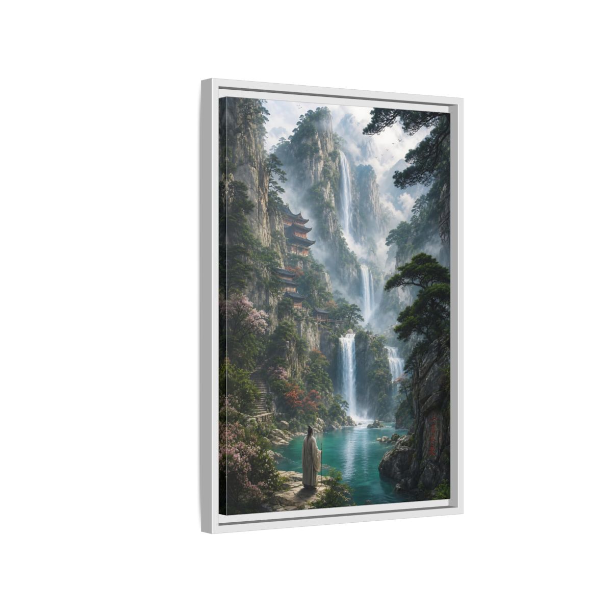 Side Mockup 1. Nature Mountain Waterfalls Misty Teal Mountains shown as stretched canvas wall art