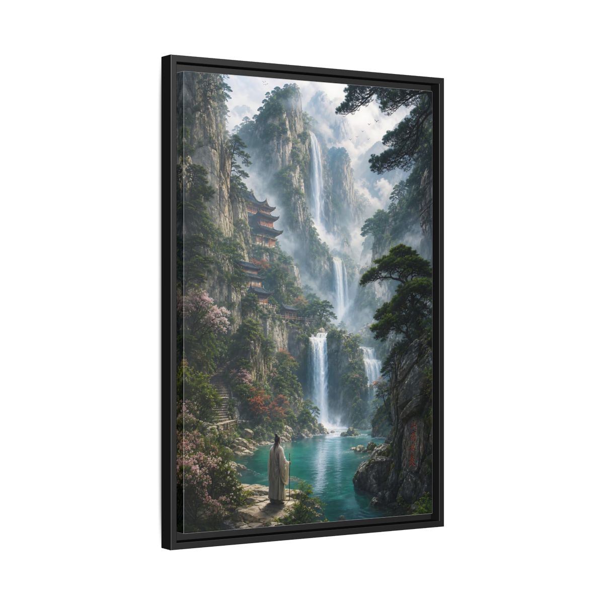 Side Mockup 14. Nature Mountain Waterfalls Misty Teal Mountains shown as stretched canvas wall art