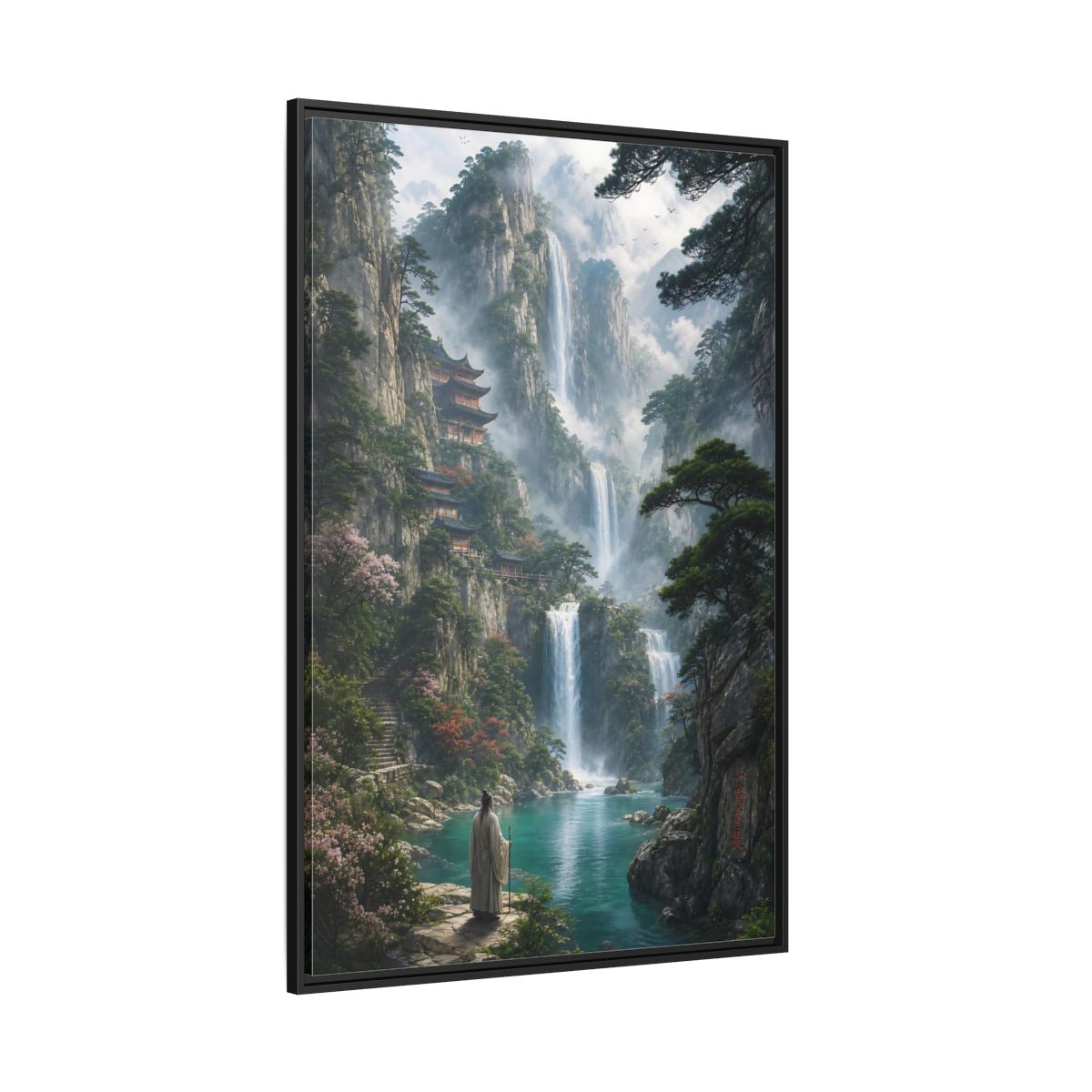 Side Mockup 12. Nature Mountain Waterfalls Misty Teal Mountains shown as stretched canvas wall art