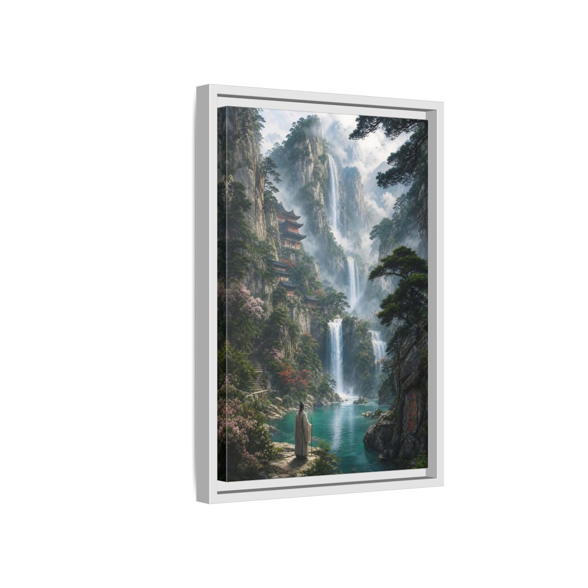 Side Mockup 4. Nature Mountain Waterfalls Misty Teal Mountains shown as stretched canvas wall art