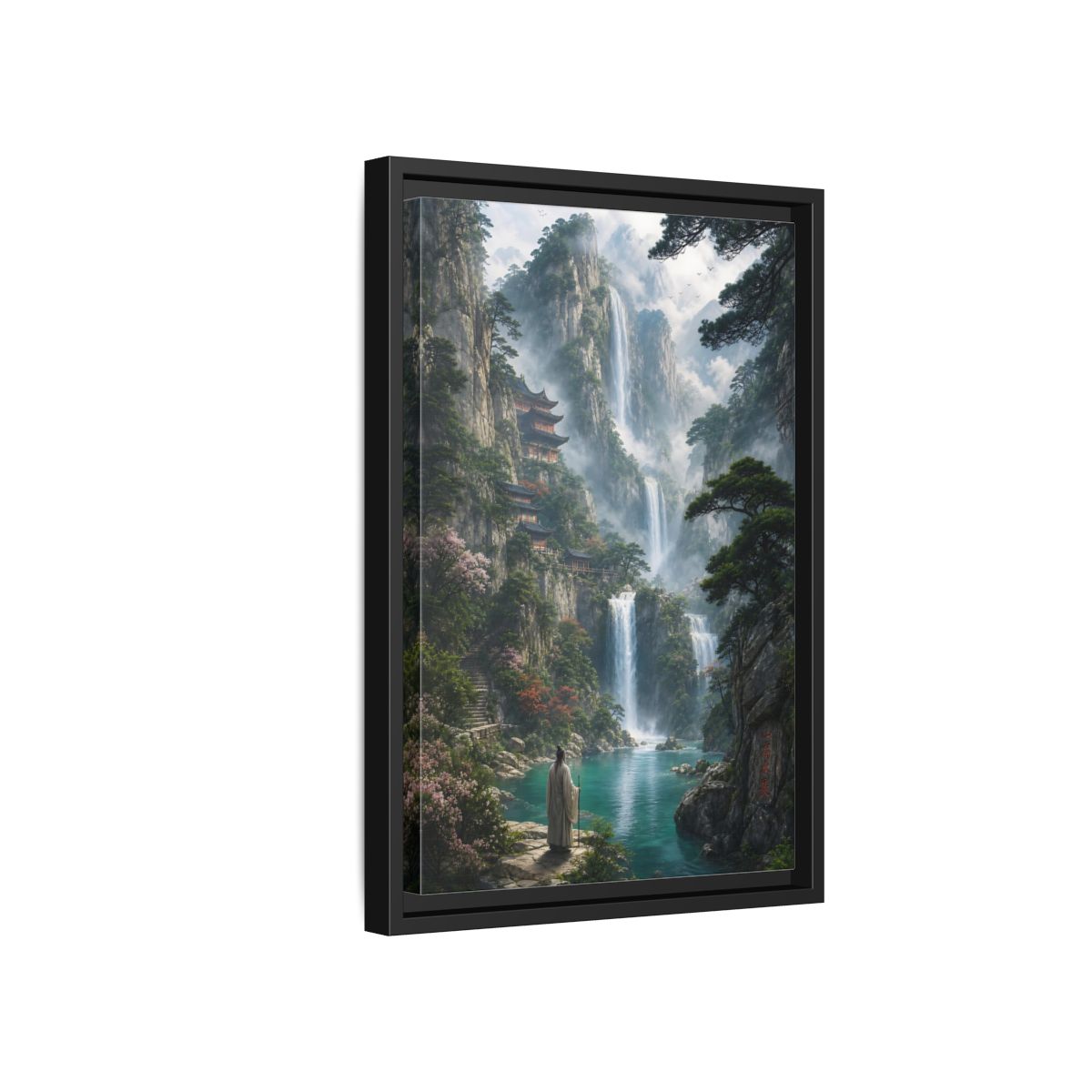 Side Mockup 6. Nature Mountain Waterfalls Misty Teal Mountains shown as stretched canvas wall art