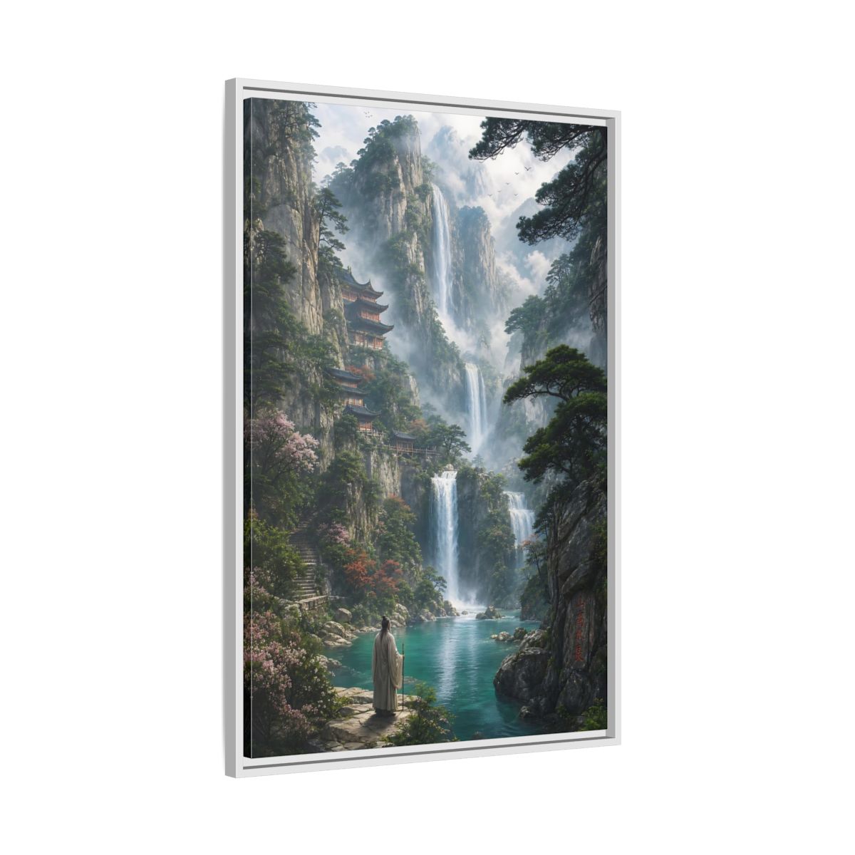 Side Mockup 9. Nature Mountain Waterfalls Misty Teal Mountains shown as stretched canvas wall art