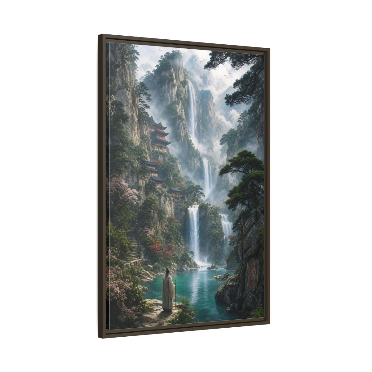 Main Mockup. Nature Mountain Waterfalls Misty Teal Mountains shown as stretched canvas wall art